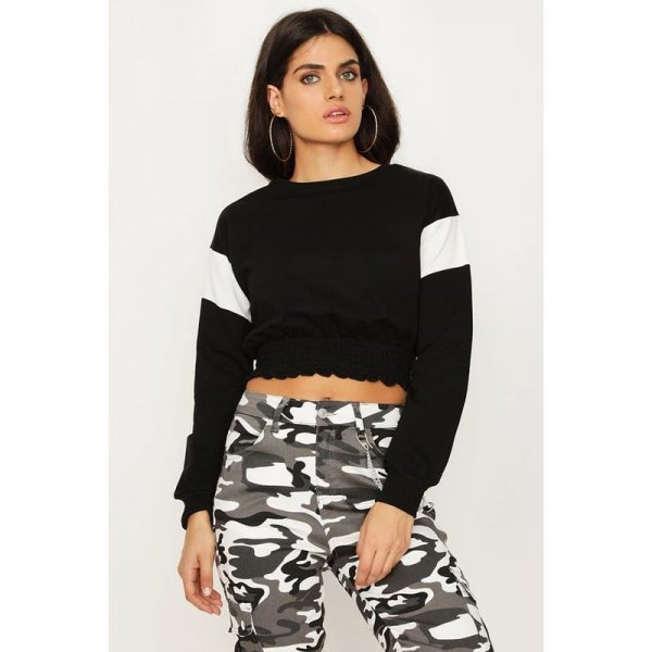 Black-White Shirred Hem Crop Sweat