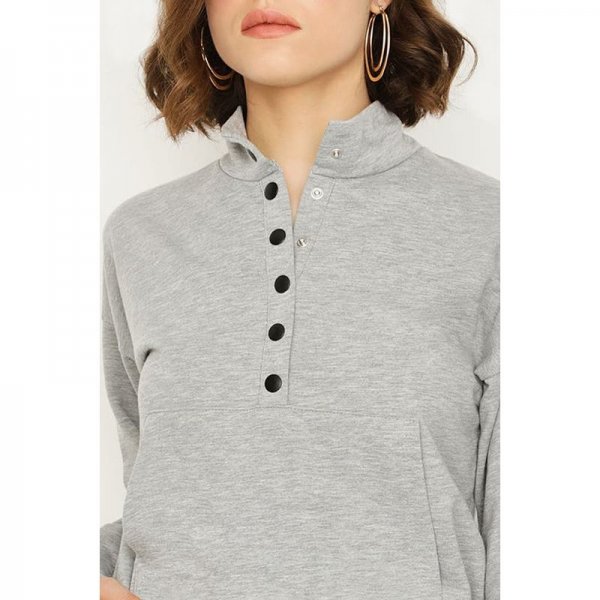 Grey Marl Popper Neck Sweat