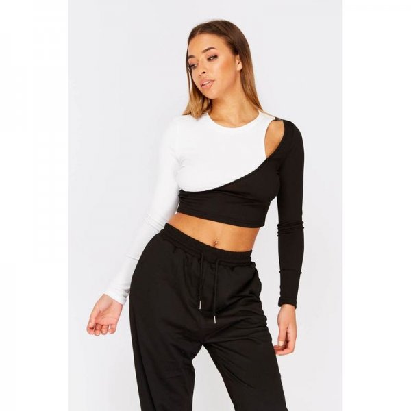 Black Two Tone Cut Out Crop Top