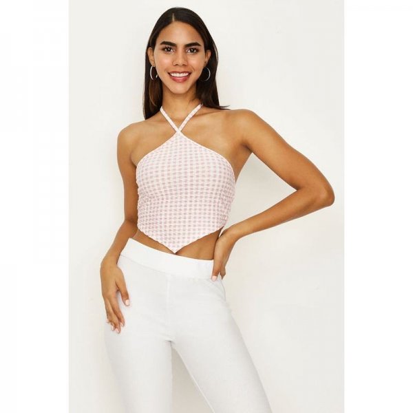 Pink Gingham Skinny Strap Halter Crop