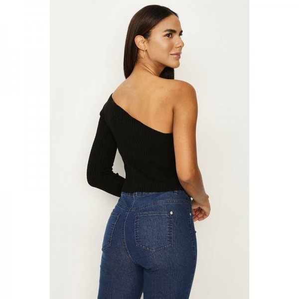 Black One Shoulder Knitted Crop Top