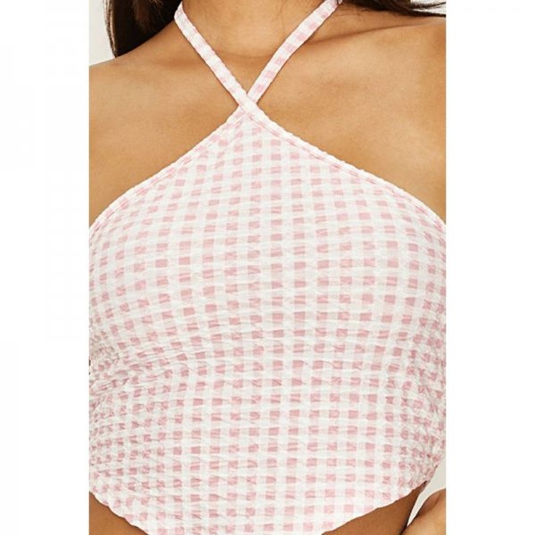 Pink Gingham Skinny Strap Halter Crop