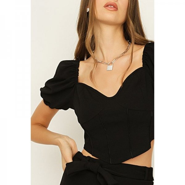 Black Puff Sleeve Crepe Corset Top